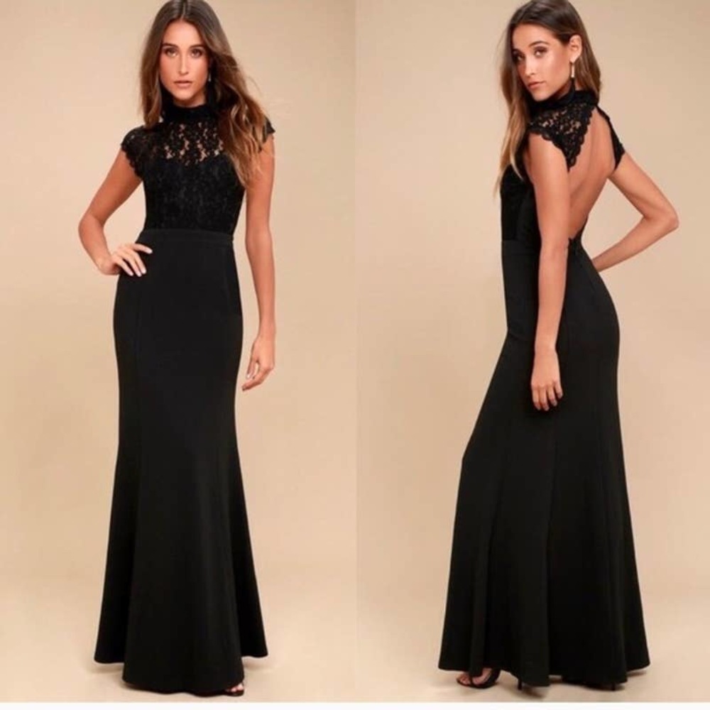 Lulu's Black Lace High-Neck Backless Evening Gown
